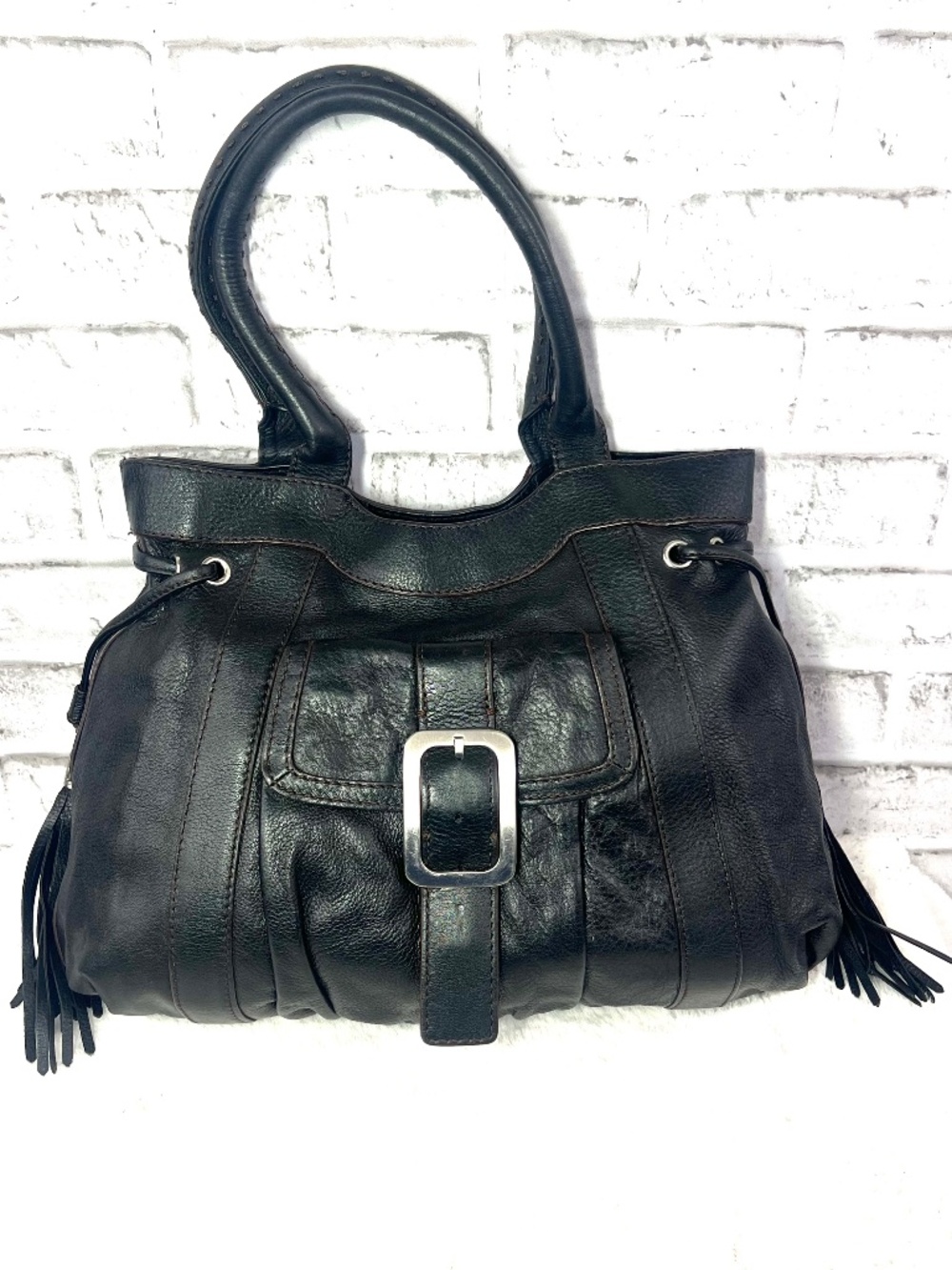 COLE HAAN • Black Leather Pleated Tassel Buckle Satchel Shoulder Tote Bag